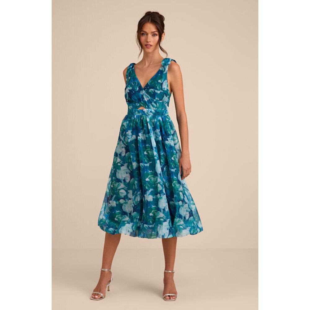Lulus Flowering Day Dream Teal Blue Floral Organza Midi Bubble Dress - Size XL